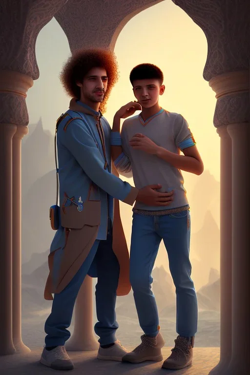 a single 50 year old man embraces a single, beautiful 12 year old arabic boy with long, curly hair and light blue eyes, not muscular, smiling