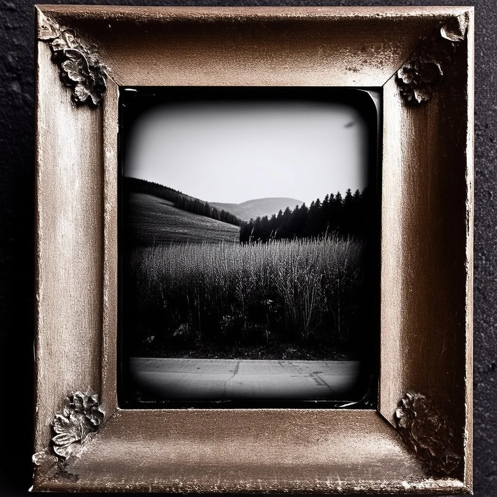 Daguerrotype frame old landscape odd creepy grey obsessive nostalgia weird old postcard landscape, cespugli, rovi, sfocato, sentiero, osceno, dettagli della cornice molto accentuati, polvere, creepy The Ring, from another dimension