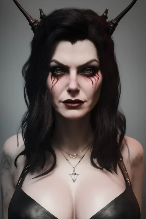 Amy Dumas as evil queen in black leather, leather, busty, cleavage, angry, rage, stern look. character design by cory loftis, fenghua zhong, ryohei hase, ismail inceoglu and ruan jia. unreal engine 5, artistic lighting, highly detailed, photorealistic, fantasy
