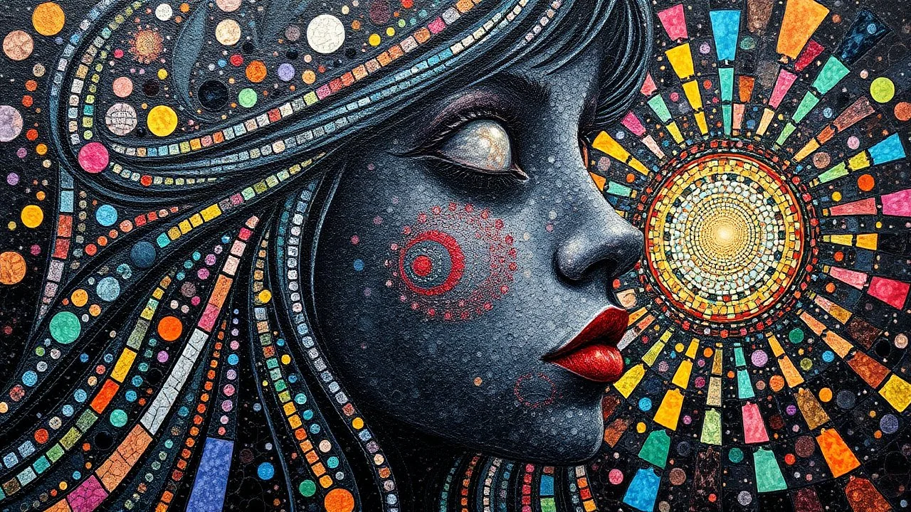 masterpiece Impasto style oil painting of creating figure full an girl the face is made of granite terrazzo motifs black with textured brush strokes, long hair is made of immersive experience, intricate and detailed, trippy psychedelic Pointillist bright, lively and colorful explosions mirrors dry, and closed eyes. Cubist granite abstract descending from a amazing stained glass spirograph sheets slanted ribbon lines, a sheets spiral geomatrical, Express live brushwork brings depth and texture to