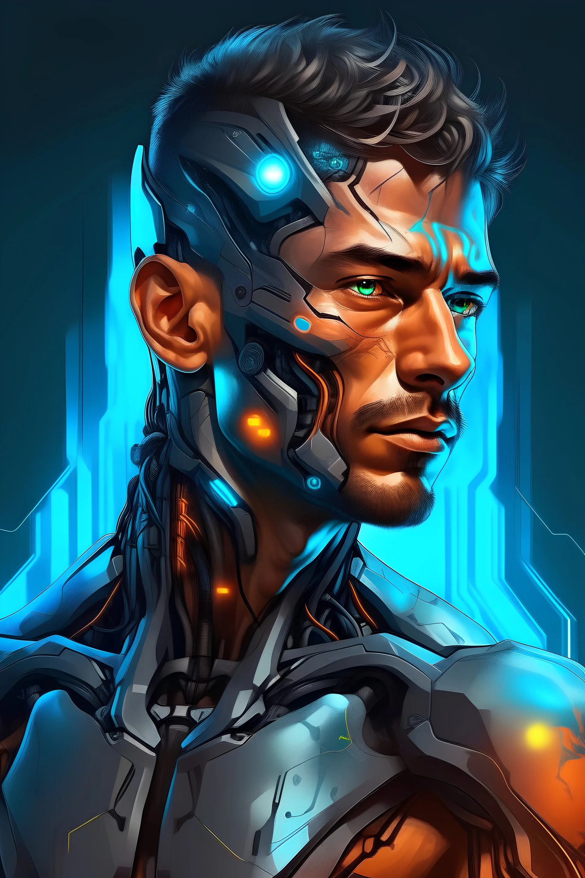 Create an art inspired by The Cyborg Manifest of a handsome transmasculine man