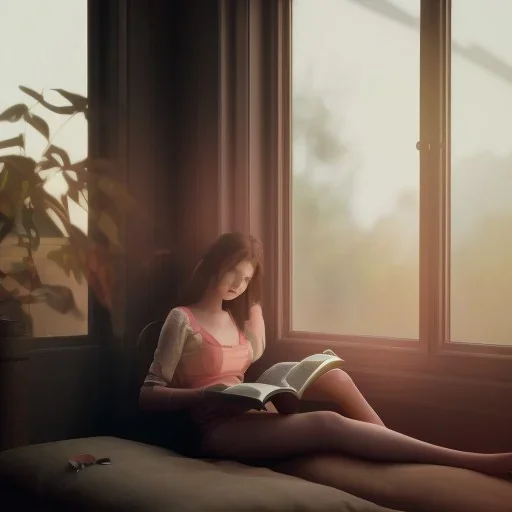 Study girl read a book in by the window, movie, real photo realistic, unreal engine, cinematic lighting --ar 1:1 creative