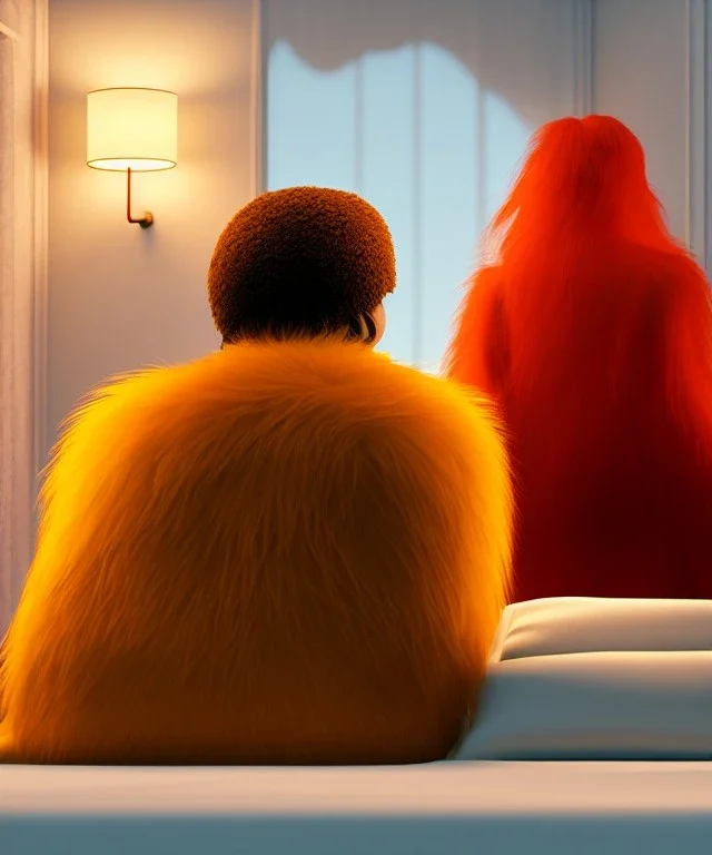 Realistic bedroom scene. big furry monster sitting next to human girl from behind. Wes Anderson style. Red hair, smile, happy, gradient color fog. highly detailed, concept art, unreal engine 5, ray tracing, RTX, lumen lighting, ultra detail, volumetric lighting, 3d, finely drawn, high definition, high resolution.