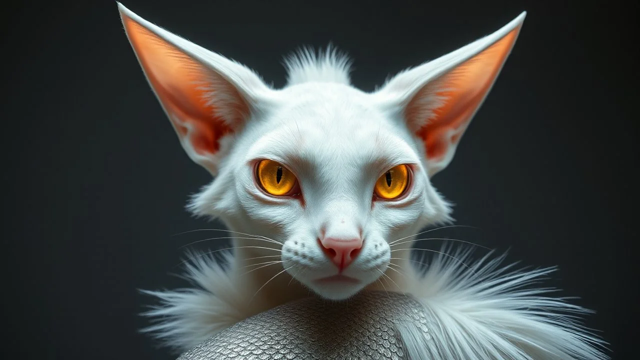 white stylish with textured ears with tufted tips and a subtle pink interior, long and white, sharp jawline and high cheekbones, piercing yellow deep galaxies bright glowing aura with vertical pupils and a golden ring around the iris, soft and white fur trim on shoulders that's longest at the back, intricate subtle and shimmering silver scales on arms