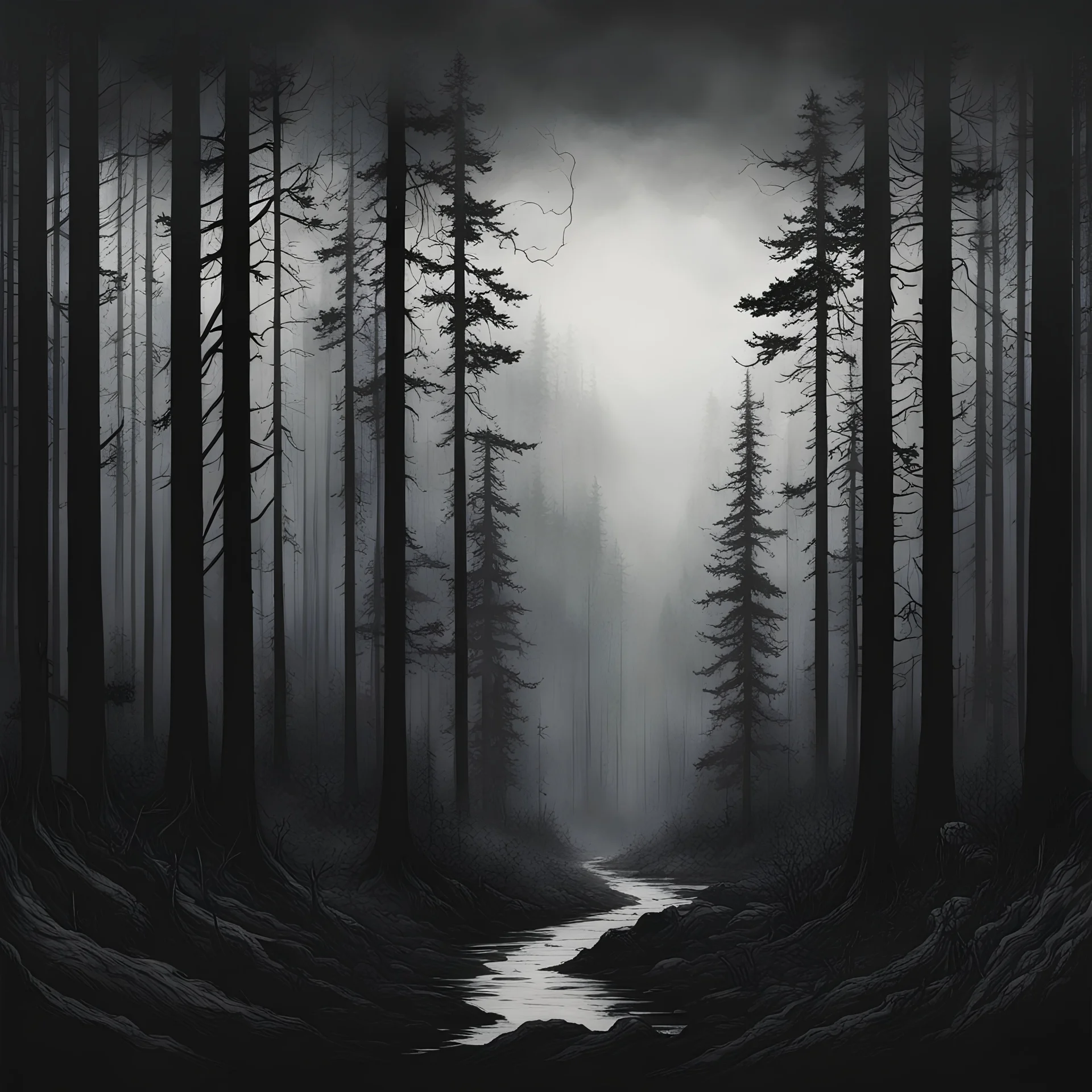 A black metal-styled album cover of gorgeous and dark nature scenery, menacing forest with colouring