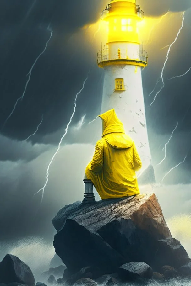 portrait of dead seafarer sitting in yellow raincoat on rocks beneath a unreal bright white lighthouse, storm clouds, lightening, volumetric light,depth of field, fantasy art, 4k, highly detailed, sunbeam