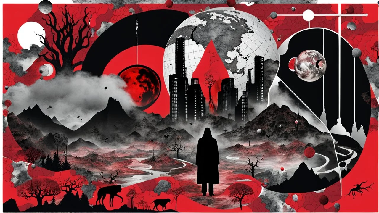 mistake in Matrix world, black and red digital collage of various images and elements, shapes, human siluette , animals, dark shadows, planets, abstract symbols, fog, plants, tree, maps, storm, mountains, weird things, poison, ruins. The collage is composed of distorted , shapes and silver layers, creating a sense of confusion and horror. Deep, dark colors, surreal mood, The images and elements are related to the themes of surrealism, paranoia, thriller, weird illustration, nightmarem mood.