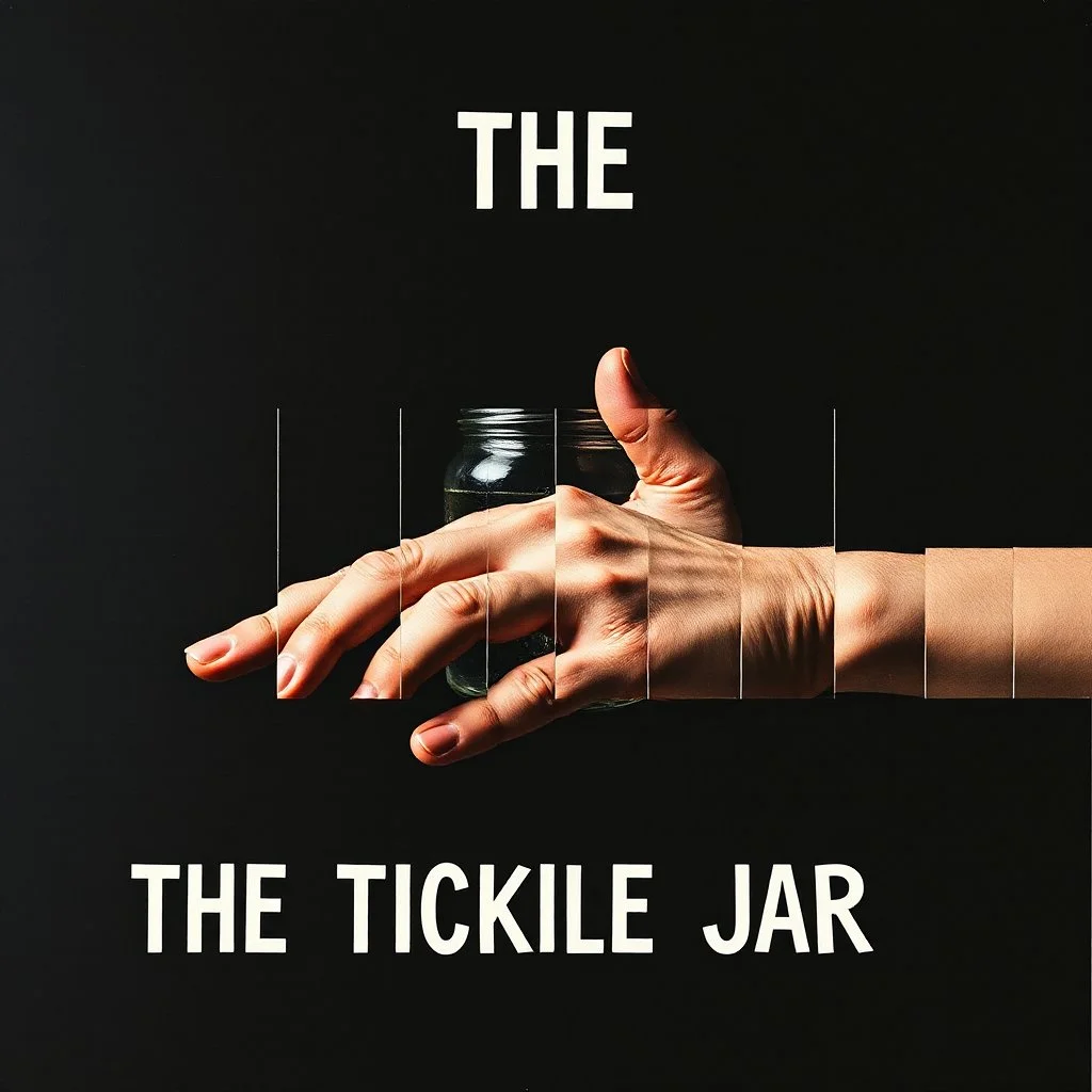 unbalanced color photographic collage featuring dark negative space, TEXT "THE TICKLE JAR", nihilistic, segmented arm conveyor belt of fingers, sequencing image coherence across multiple panels, foreboding, finger brine, abstract quirky juxtapositions