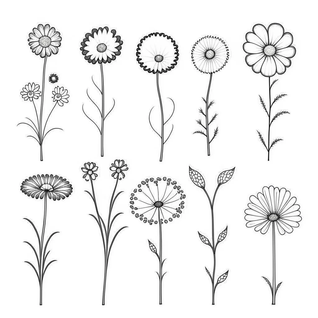 set of grow wind flower on the grace bouqute, SIMPLE ONE lineS art, white background, minimalis, different view, only white bakcground solid.