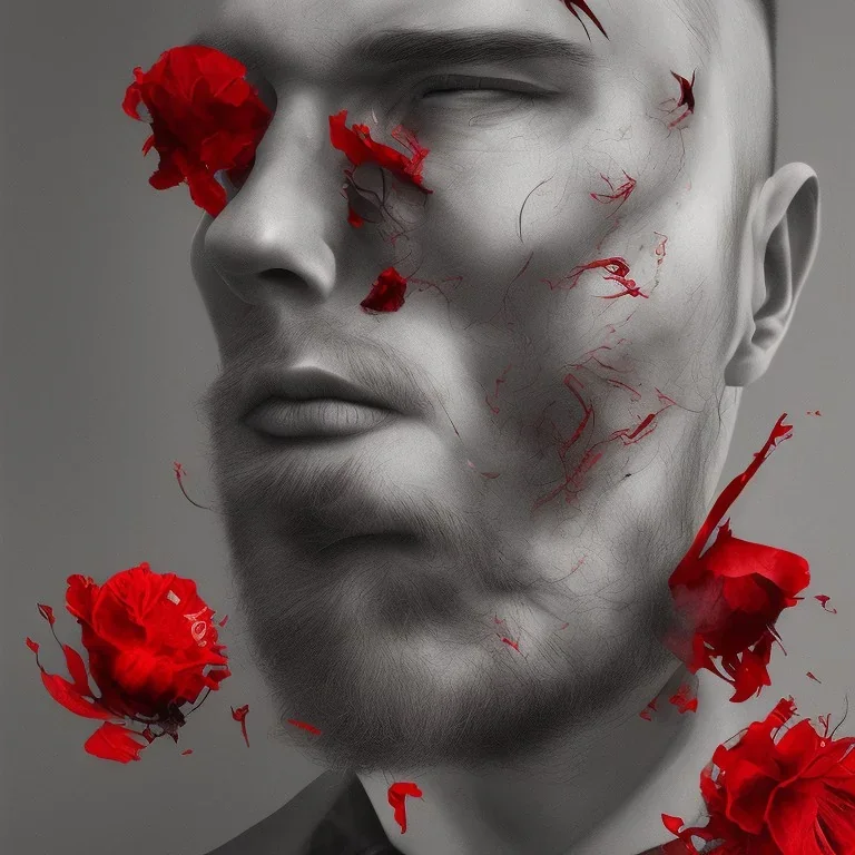 portrait of man with a fading red flower inside his face, high detailed black and white with red accents, digital painting.