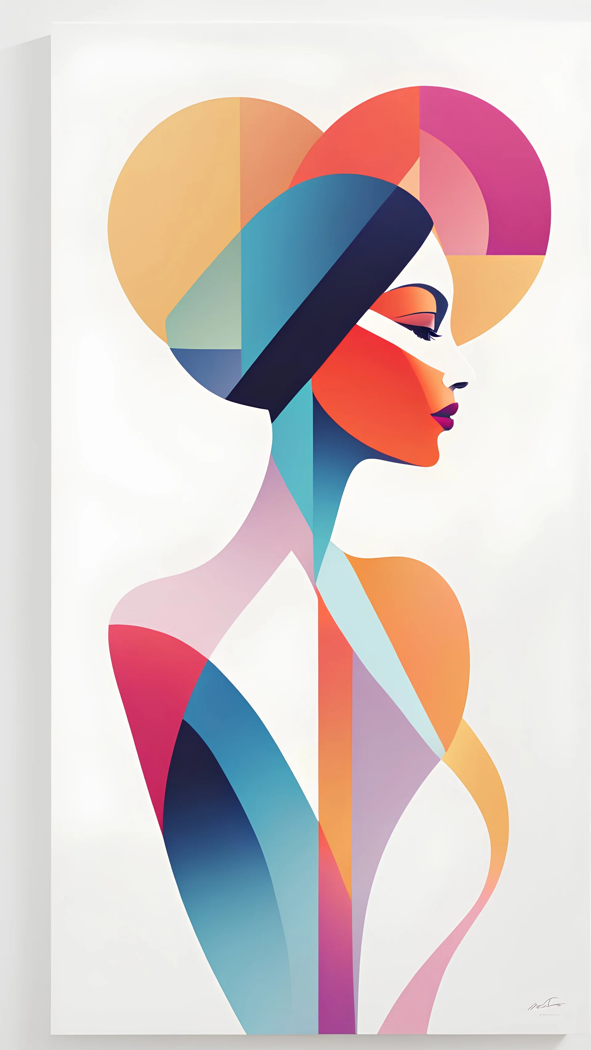 A captivating abstract artwork featuring a stunning female figure depicted through simple, minimal, and soft geometric shapes. The woman's form is constructed with a harmonious blend of shiny, colorful, and vivid hues. The background is meticulously maintained as a pristine white, showcasing a contrast between the bold colors and the vast negative space. The illustration exudes a modern, risograph-inspired style, resulting in a unique painting or poster-like composition. The careful design of ea