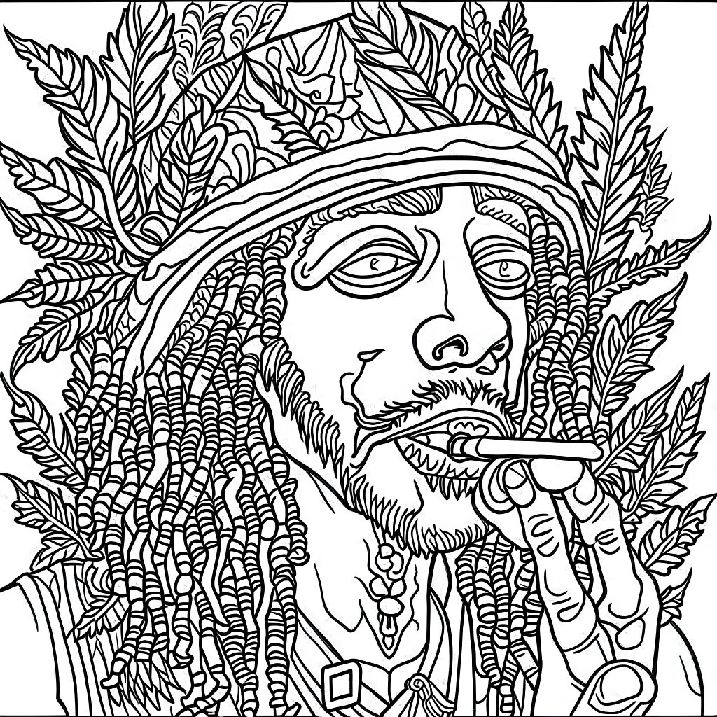 Coloring page for beginers, with "rastaman smoking marijuana", very Bold outlines and white background, anime style, minimal number of elements, very simple, not very detailed