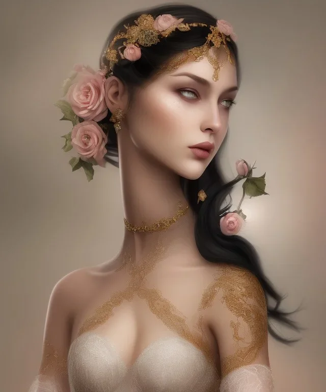 muslim, veil head Princess, long hairs black eyes no top with roses, full body, 8k resolution