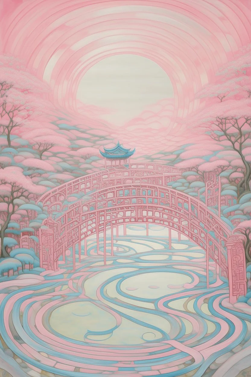 A light rosy pink mystical maze with a bridge painted by Qiu Ying