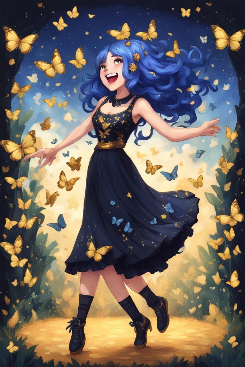 Girl with blue hair in black and gold dress dancing with butterflies, stardew, valley style