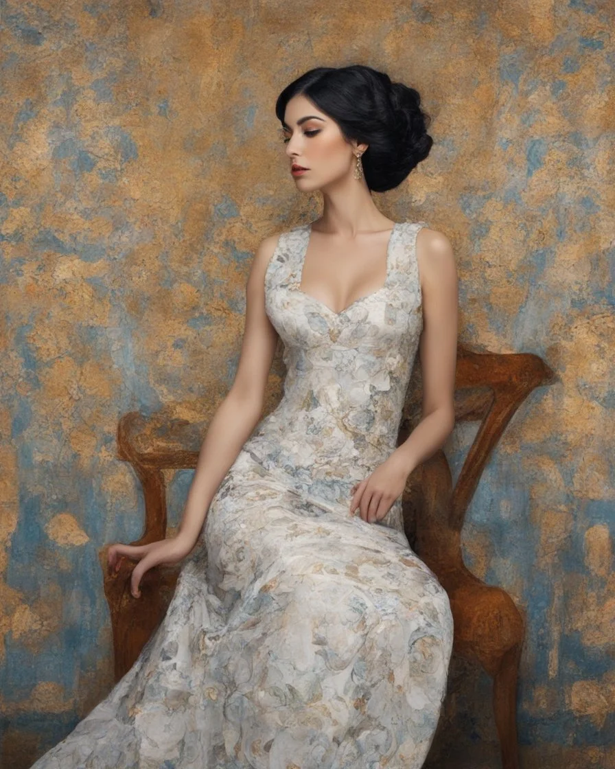 Masterpiece, fine art, award winning, eye candy in the style of gustav klimt , (Suhaila Ben Lachhab::Heidi Moussa:1.5) in breathtaking piece that emphasizes the stunning cheek bones, texturized black hair, (cottagecore aesthetic with extreme sensuality, Irresistible with (porcelain skin, (sitting on an old chair:18),high detail, Conceptual art, Neoclassicism