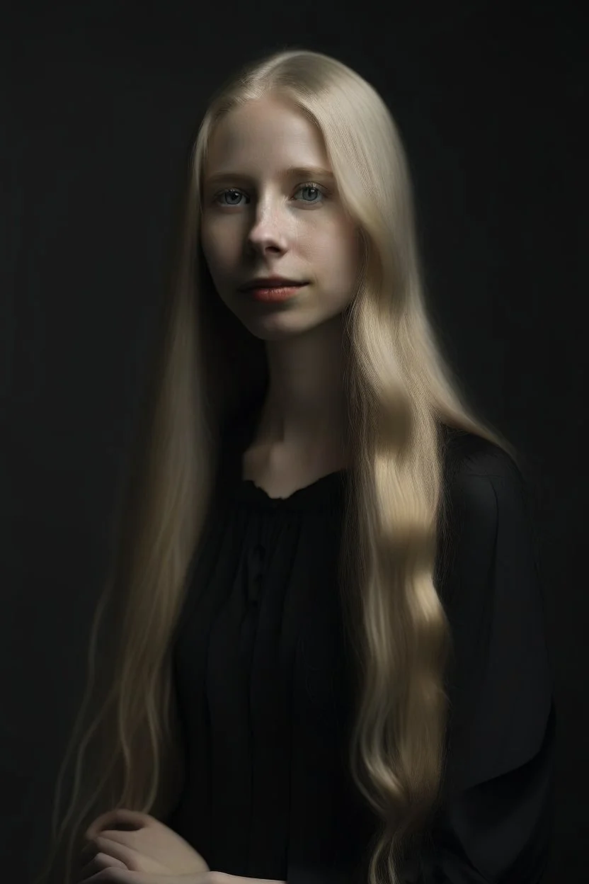 Portrait of a human woman, long blonde hair, dressed in black, pale