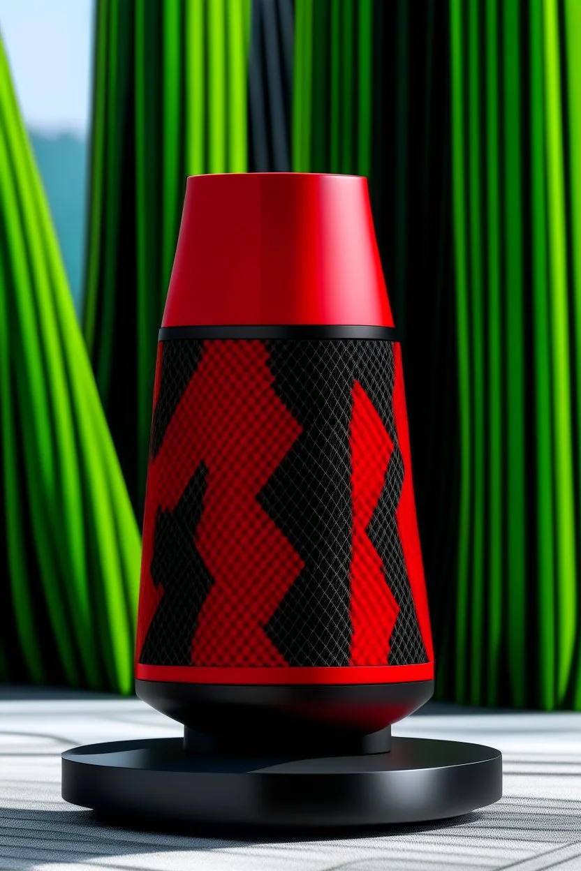 portable speaker, form inspired by merdeka 118 tower , flora and faunaform, geometric design style and black and red color