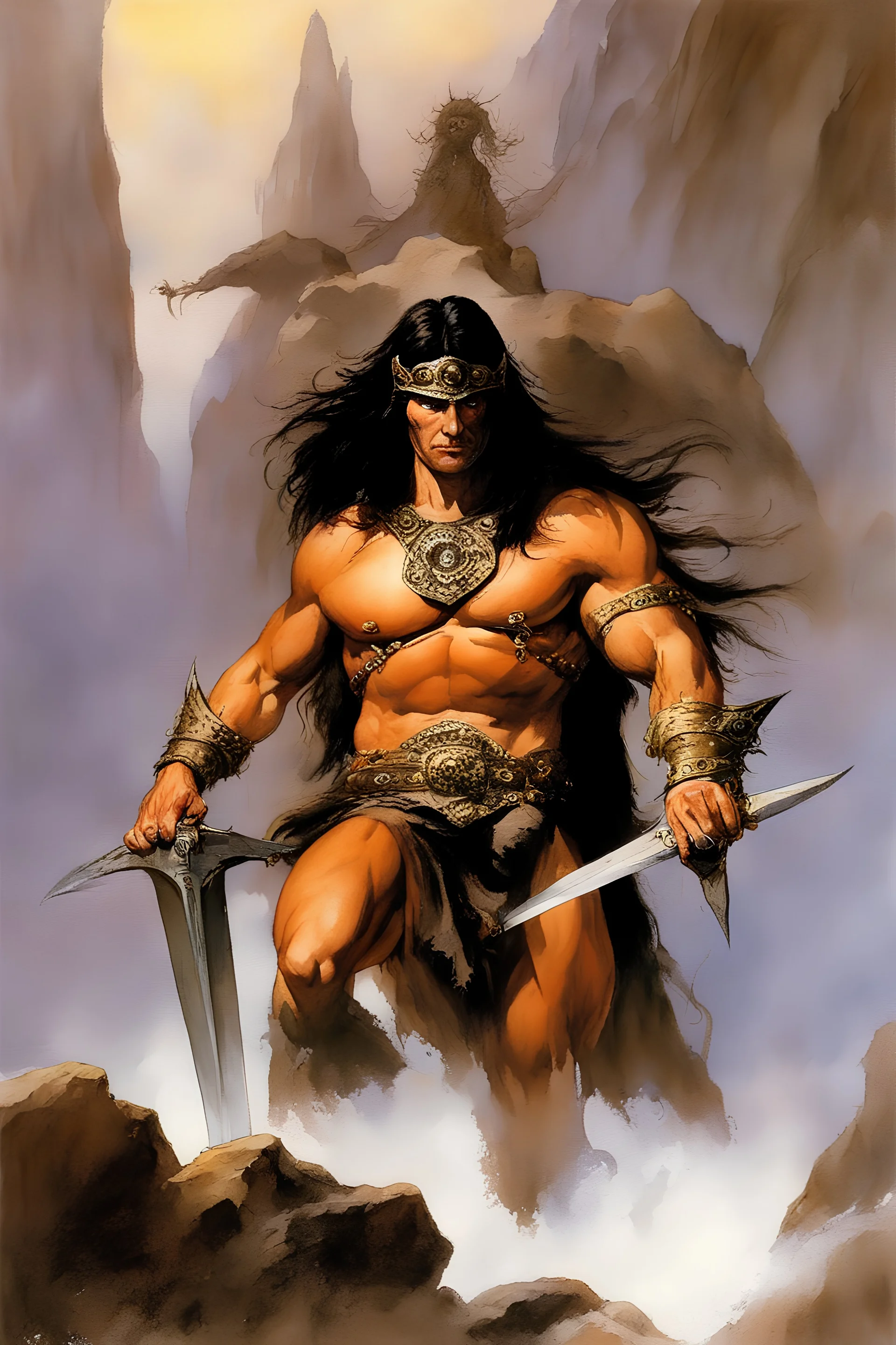 book covers, Conan of Aquilonia , watercolor, Movie poster, in the art style of Boris Vallejo,