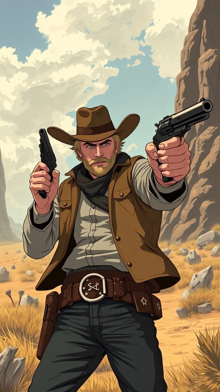 Magnus Carlson in the wild west looking cool with a revolver, anime style