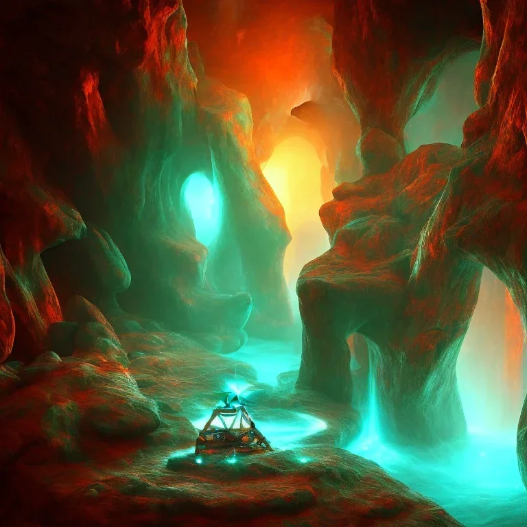 transparent crystal, on an altar in a foggy cave, cinematic,turqoise, bright light colors