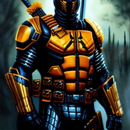 ultra detailed fullbody Portrait in oil on canvas of Deathstroke ,extremely detailed digital painting, extremely detailed face,crystal clear Big Glowing eyes, mystical colors , perfectly centered image, perfect composition, rim light, beautiful lighting, 8k, stunning scene,extremely sharp detail, finely tuned detail, ultra high definition raytracing, in the style of robert e howard and pablo oliveira and Ken Kelley and Ohrai Noriyoshi and Simon Bisley and tom