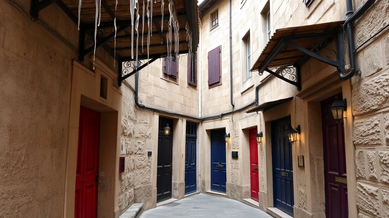 A narrow alley wound between limestone buildings, their walls showing centuries of wear. The eaves almost touched overhead, letting out thin cascades of water in rhythmic intervals. Low doors, some painted in bright colors like red or navy blue, contrasted with the bare facades, while small gas lamps flickered in the doorways, giving the place an air of nostalgia.