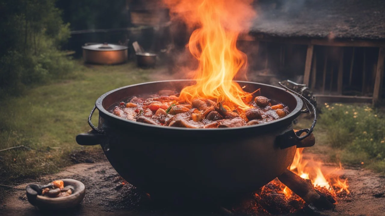 delicious stew bubbling in a cauldron suspended over a wood fire outside in the night