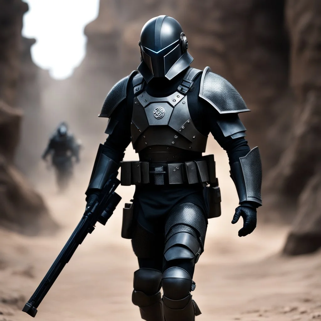 [high res bokeh photo by Ray Harryhausen] An over-armored dusty soldier emerges from the shadows, a striking contrast of half camo and half futuristic black latex outfit. The camo side blending seamlessly with the environment, making him almost invisible, while the black latex side gleams with advanced technology, hinting at untold power. The soldier raises his weapon, a fusion of ancient design and modern technology, ready to face whatever challenges come his way. And as he stands there, half