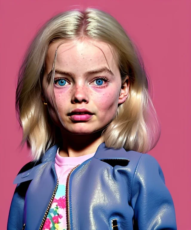 Margot Robbie toddler, full body, sneaker, leather jacket, floral shirt, soft skin, dramatic lighting, hyper realistic