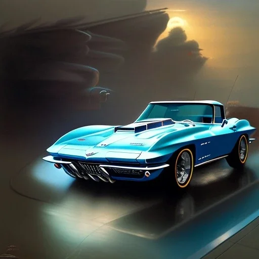 hyperrealism Drawing of '1963 Chevrolet Corvette Sting Ray Coupe' three quarter frontal aerial view, by gaston bussiere, greg rutkowski, yoji shinkawa, yoshitaka amano, tsutomu nihei, donato giancola, tim hildebrandt,oil on canvas, cinematic composition,Sharp detail,extreme detail,fit full head inside picture,16k