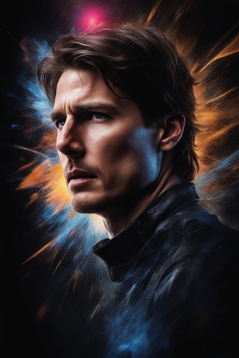 Tom Cruise facial portrait - pitch-black background with a blue glowing overhead spotlight effect, multicolored shards of ice, splashing water, prism effect, mosaic effect, time travel, space voyages, superheroes, moving really fast