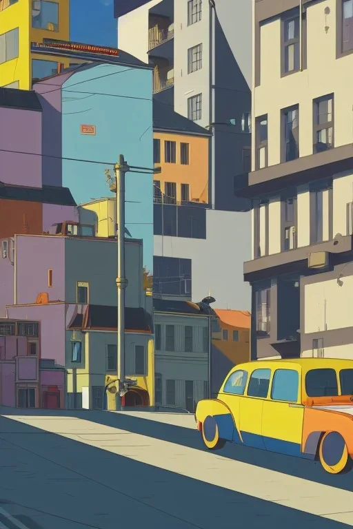 Bauhaus style city street, sloped street, street scene, cel - shading, flcl, jet set radio future, golden hour, Swedish town, concentrated buildings, swedish neighborhood, cel - shaded, strong shadows, vivid hues, y 2 k aesthetic