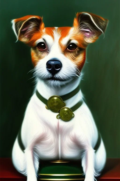 a painting of a jack russel dog, by lucian freud, textured, anatomically correct, beautiful woman perfect face, green eyes, sharp focus, highly detailed. desolate background. the royal tenenbaums