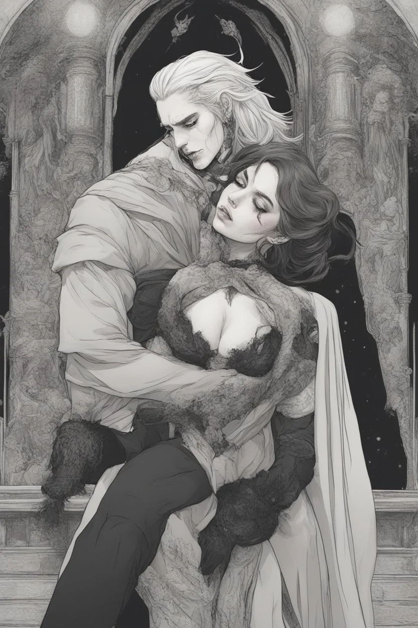 Strahd Von Zarovich being kissed on the neck by a beautiful woman with white hair, wearing an off the shoulder dress. Settling and background are a lavish toomb with an ebony coffin.