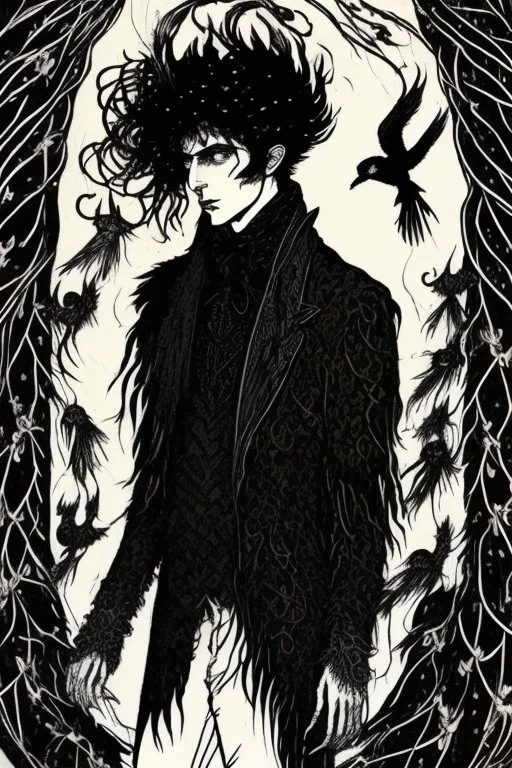 Black singed,black haired young man, warlock,with feathery horned owl hair, owl legs, owl faced, in the style of Harry Clarke,