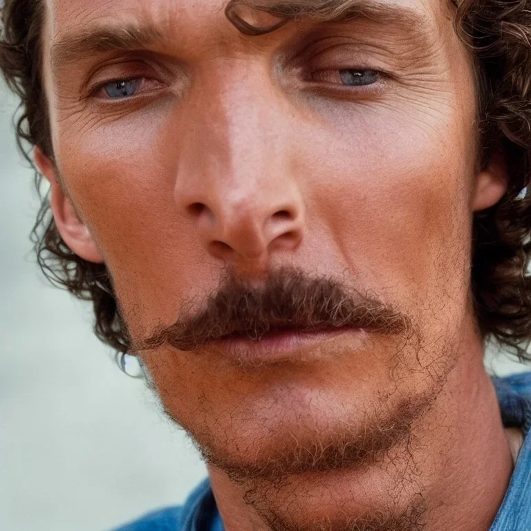 close up portrait of Matthew McConaughey with a cigarette long hair and very defeated look