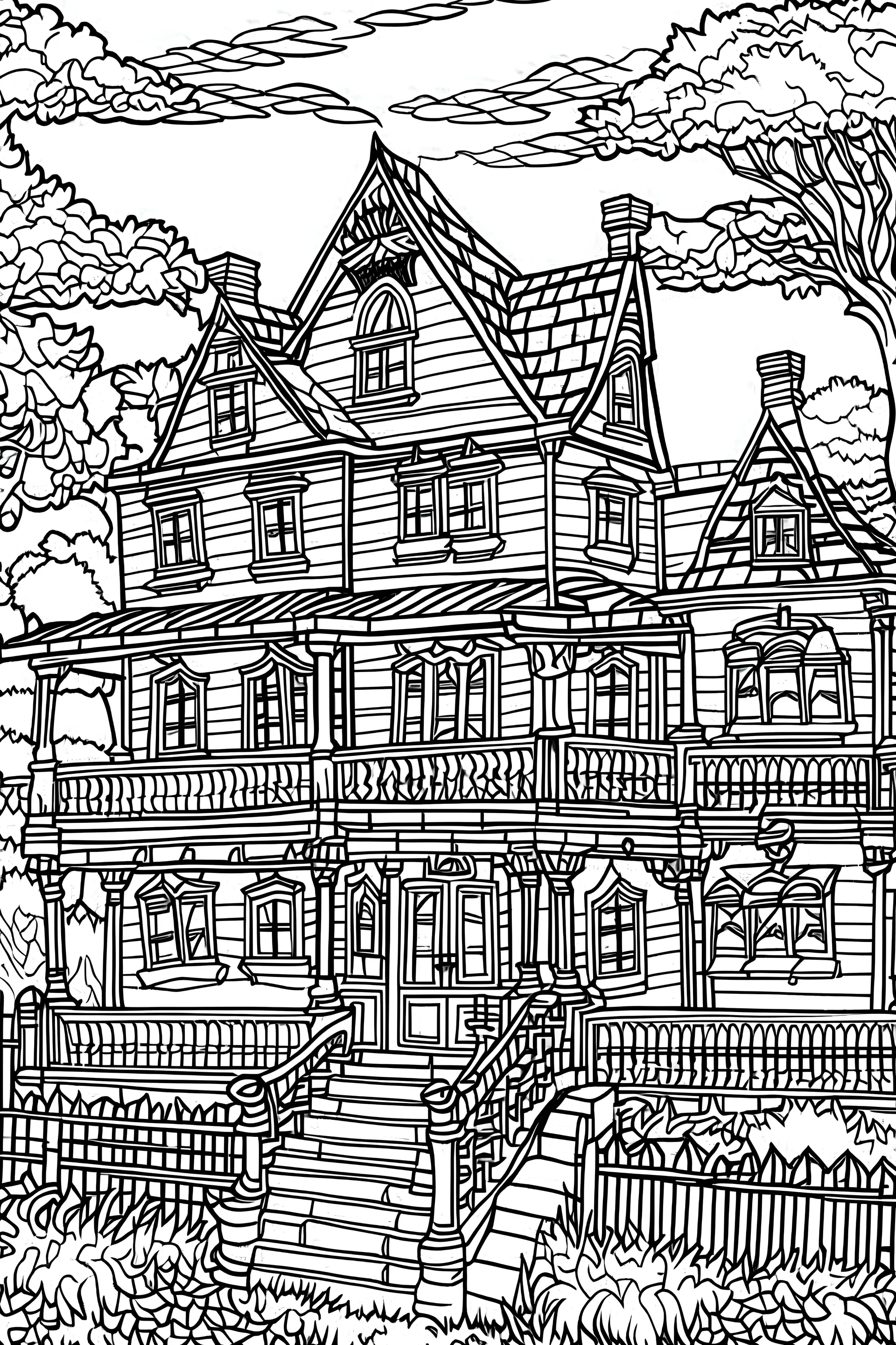 outline art black like a coloring book, haunted house halloween