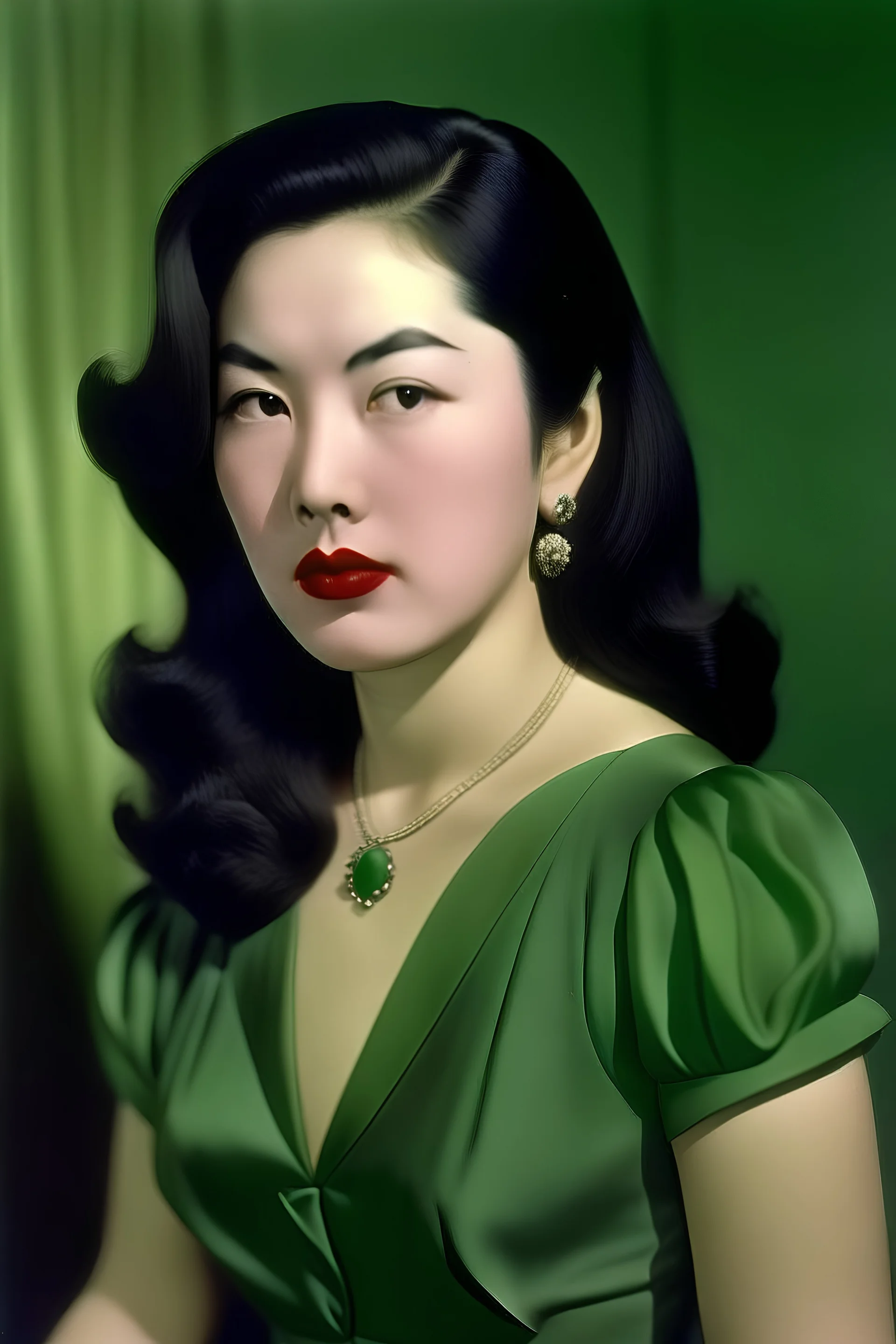 A woman in 25 wears a sophisticated green dress with long black hair, some behind her ear, her European-Asian features, she has pink lips, her eyes are dark gray, she looks calm in 1944
