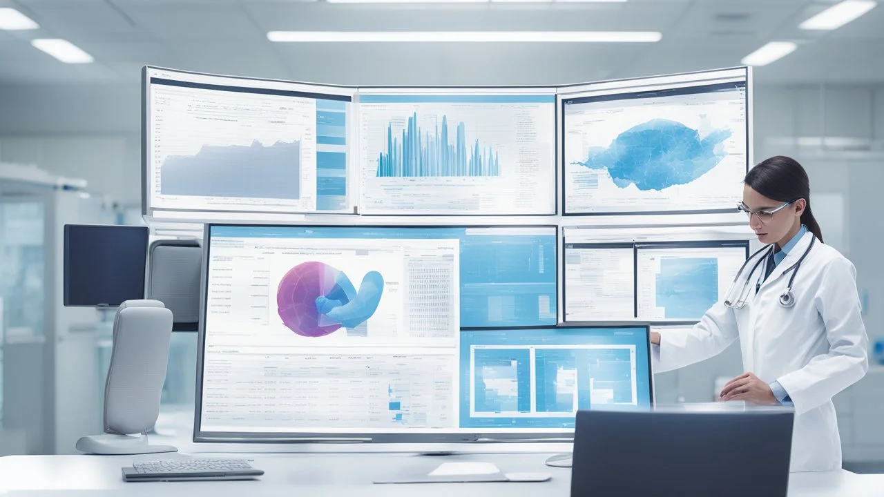 "A high-quality image displays a computer screen showcasing advanced medical charts and data. The image reflects the technology of data analysis and artificial intelligence in the field of healthcare, demonstrating the ongoing effort to enhance healthcare by precisely analyzing medical data and making accurate clinical decisions. The image signifies technological progress and continuous improvement in healthcare delivery."