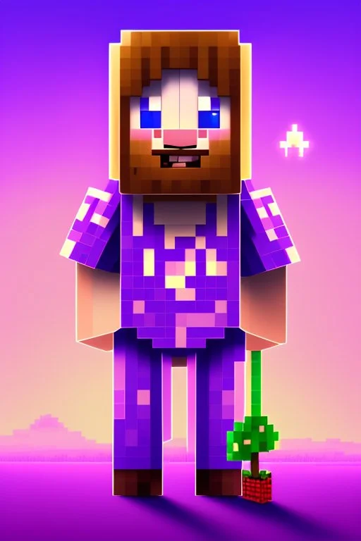 a portrait of a purple Minecraft guy, cute, farmer look, 2d, large pixel style