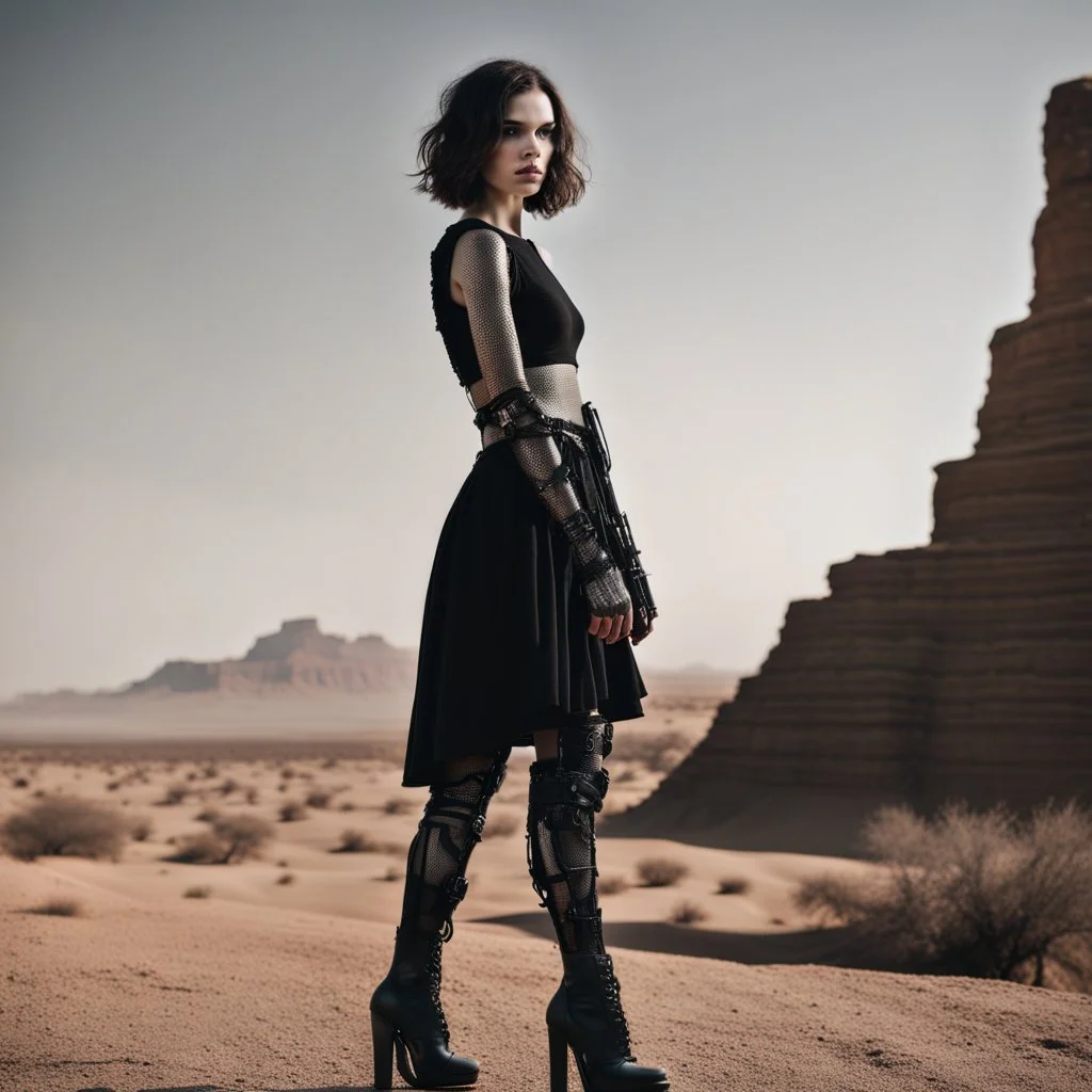 beautiful caucasian half cyborg woman, black metal body and limbs, chrome details, anorexic figure, short brunette wavy bob haircut, dystopian, desert scene