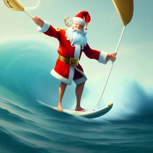 Santa standing of surfboard surfing a big wave, surfboard, beach, character design by cory loftis, fenghua zhong, ryohei hase, ismail inceoglu and ruan jia. unreal engine 5, artistic lighting, highly detailed, photorealistic, fantasy