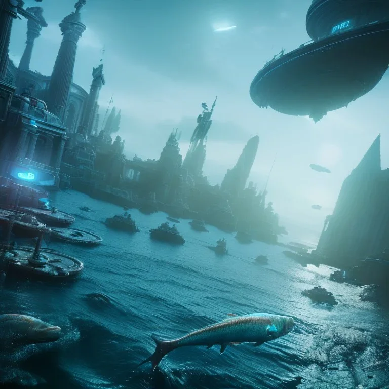 futuristic city in the sea , fish swimming around, Poseidon, highly detailed, cinematic, ultra photorealistic, ultra realistic, volumetric lighting