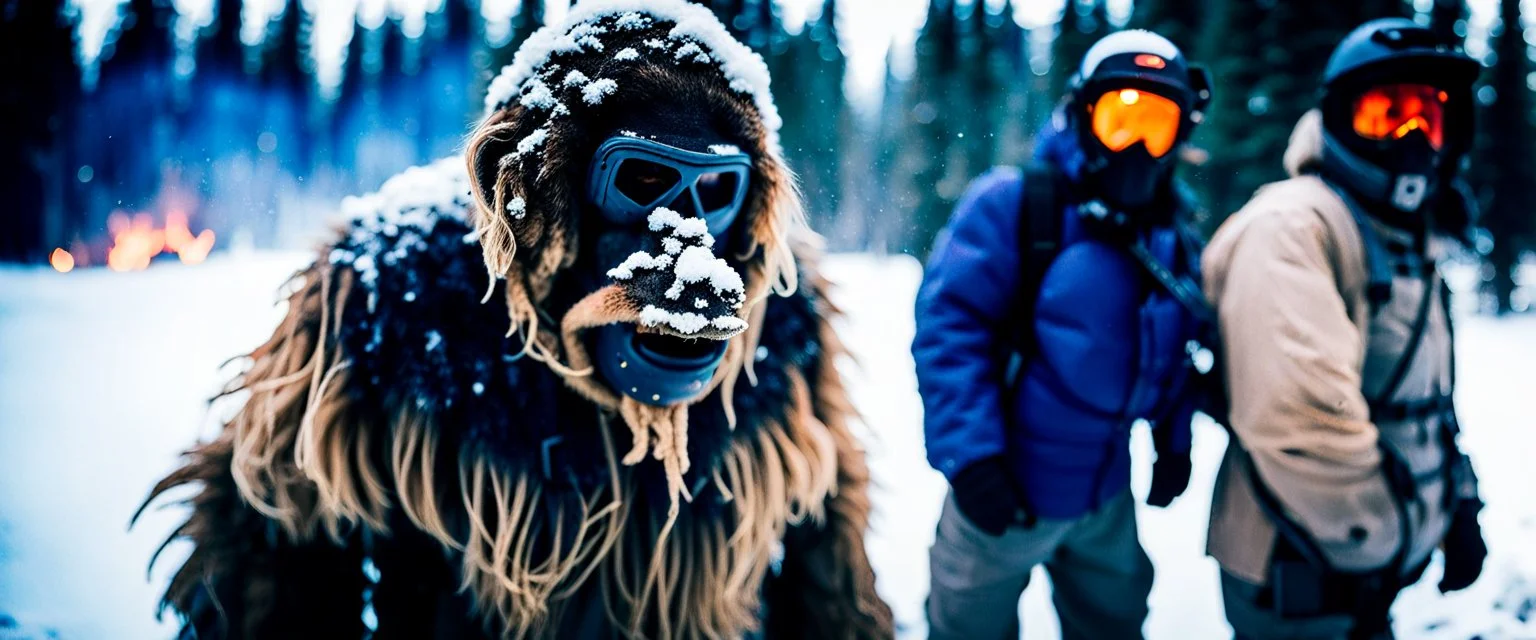 close up of a Yeti in documentary photography, Wildfire, Smoke, burning, forest fire,August 199, Yeti, Dystopian, Japanese, Extreme depth of field, bokeh blur, winter, blizzard, Alberta, all-natural, in the style of candid, imperfection, natural lighting, Professional shot, shot on Agfa, Fuji Film, Anamorphic lens --ar 4:5 --w 150 --style raw