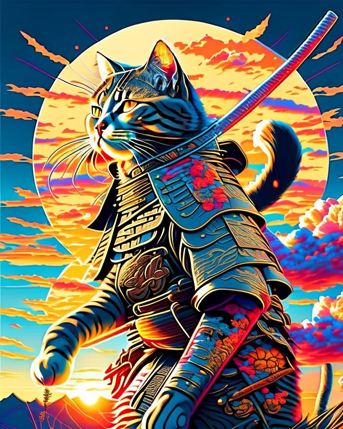 Gato Samurai cuerpo completo arte vectores hiperdetallado colores contrastantes cielo soleado 8k