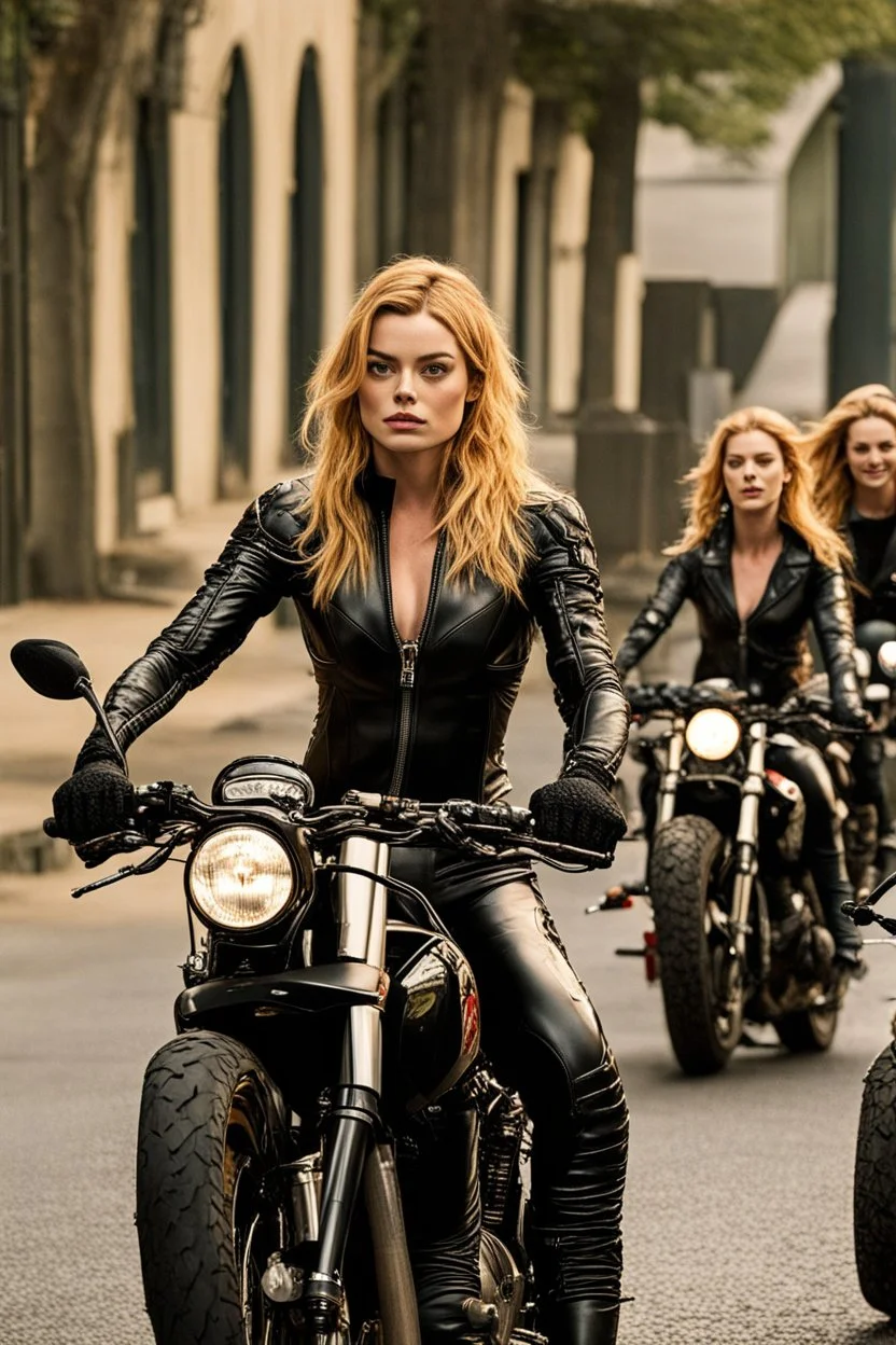 Katherine McNamara, Margot Robbie and Georgia Henshaw in tight leather catsuits, riding motorbikes.