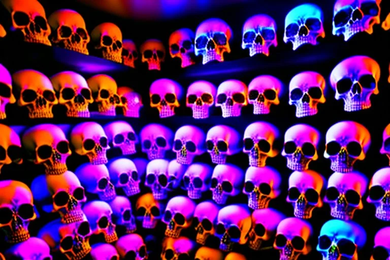 hundreds of non-anatomically correct, dark comic art, graphic novel,human skulls stacked into a wall unusual neon lighting, high velocity, 64k, dystopian, vray, a picture of a dark, comedic, anatomically correct wall of colorful tightly packed skulls of varying sizes and expressions, photo realistic, insanely meticulous, highly detailed, part of a collection of bones on display, 64k, dystopian, vray , ALL DRAWN IN THIN LINES OF NEON LIGHT AND COLORS