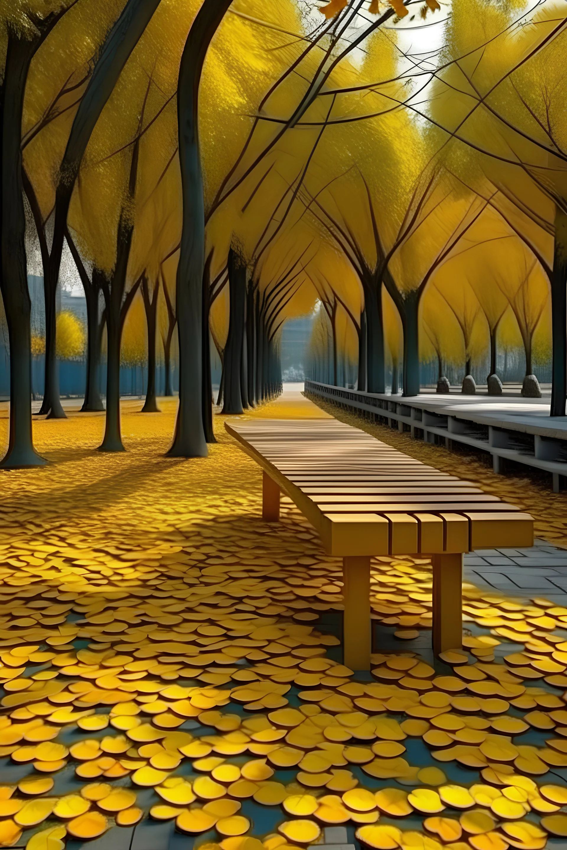 Leaf collection benches installed on ginkgo trees, transparent wrapping of trees, paths lined with ginkgo fruits and leaves in one place, autumn, warm atmosphere