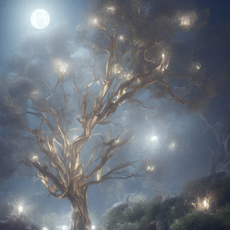 symmetrical metal tree in the air, cave, moonlight, high details, 8k, hyper realistic